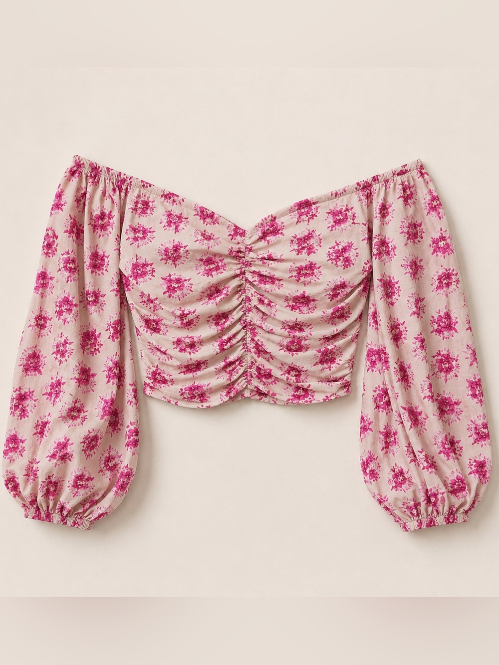 Zara Pink Floral Ruched Cottagecore Peasant Top Size XL